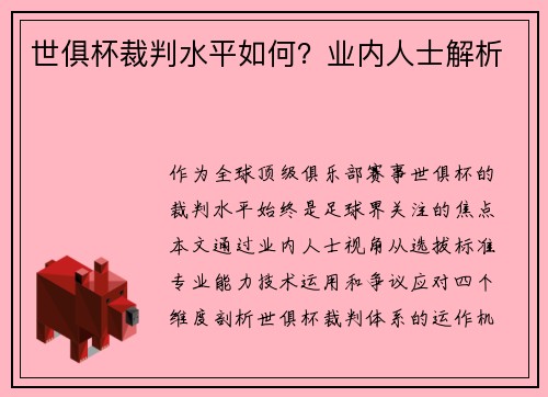 世俱杯裁判水平如何？业内人士解析