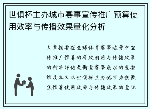 世俱杯主办城市赛事宣传推广预算使用效率与传播效果量化分析