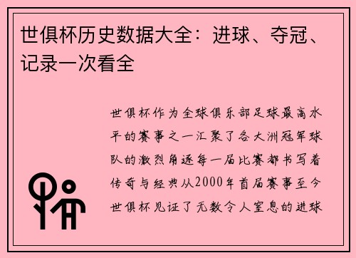 世俱杯历史数据大全：进球、夺冠、记录一次看全
