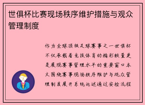 世俱杯比赛现场秩序维护措施与观众管理制度